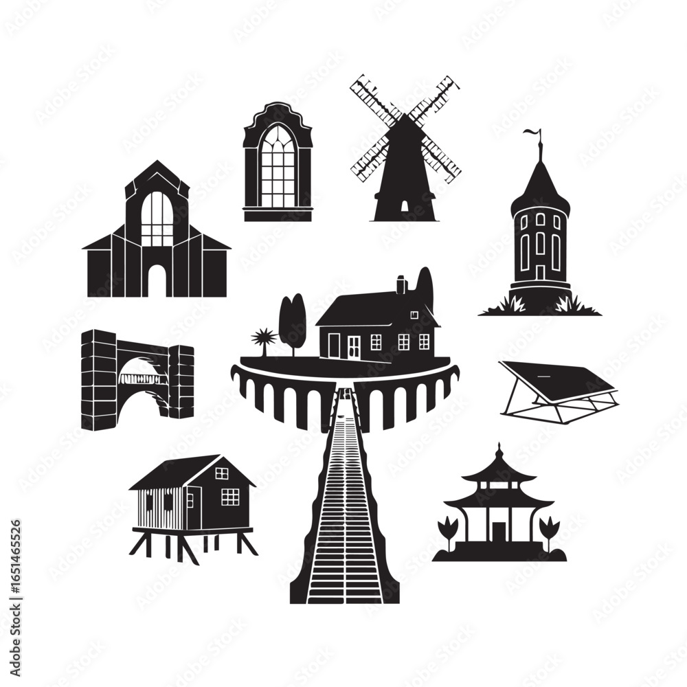 Fototapeta premium A silhouette set of vector houses and architecture illustrations depicting a town's buildings and home designs