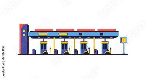 Stylized flat vector illustration of a vibrant toll gate station building