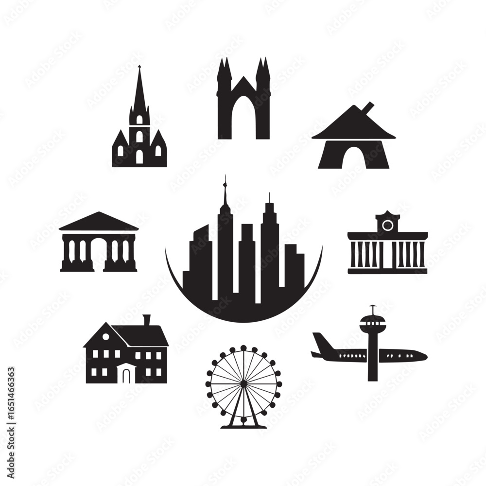 Fototapeta premium A set of silhouette house icons featuring various architecture including a castle, a church, and a tower, perfect for a fantasy village or city design