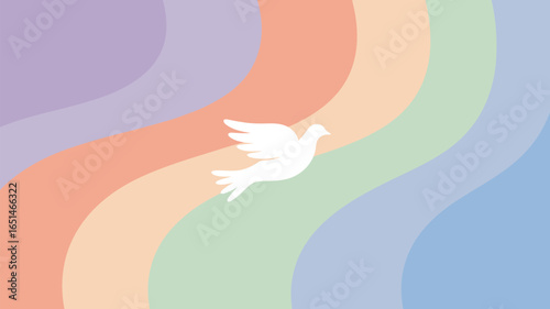 A white dove flying over a pastel rainbow background with soft curved stripes and gentle colors