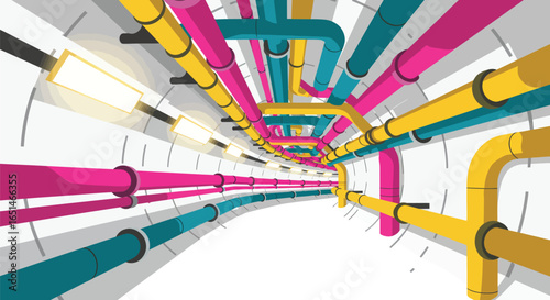 Stylized Colorful Utility Tunnel with Pipes and Lights Underground View