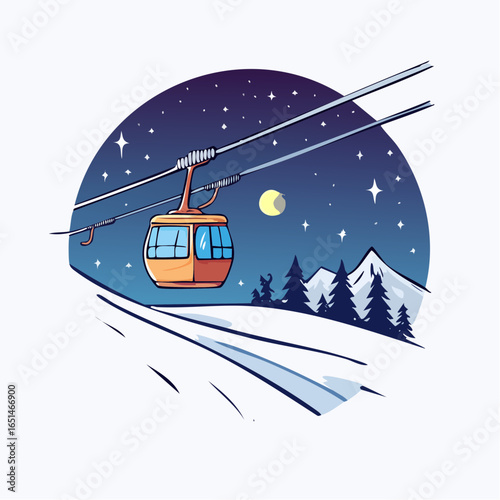 Illuminated ski lift ascends a mountain under a starry night sky