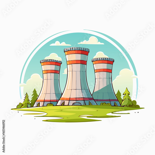 Cooling towers stand alone in a green landscape near the Power Plant