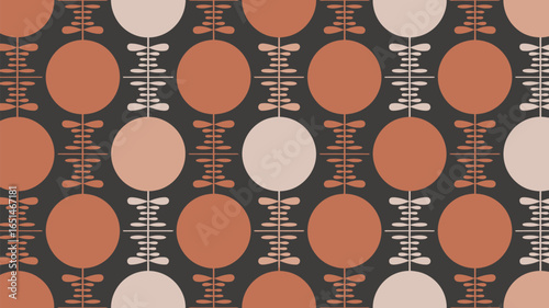 Seamless pattern of circles and stylized floral elements in shades of brown and beige on dark background