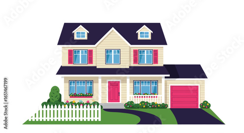 Charming two-story house with vibrant exterior and picturesque front yard