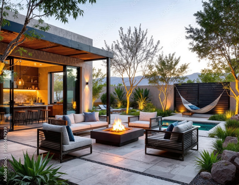 Fototapeta premium Cozy outdoor living space with fire pit and modern seating surrounded by greenery at dusk