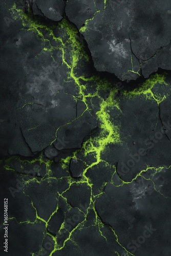 Dark cracked volcanic rock with glowing green lava veins spreading through deep fractures, evoking energy, chaos, and monstrous otherworldly power