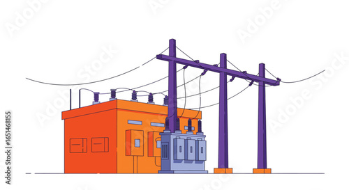 Stylized vector illustration of an electrical substation building and power lines