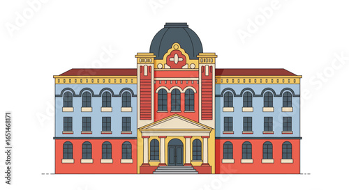 Stylized flat vector illustration of a grand municipal building facade