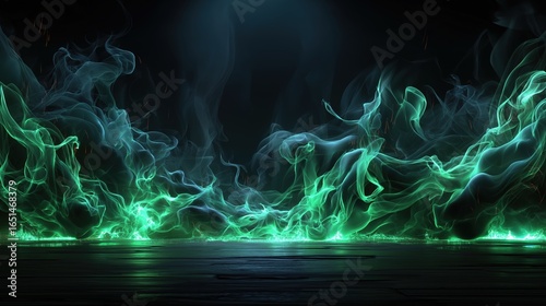 Dark dramatic background with glowing green smoke waves floating over reflective surface, symbol of mystery, fantasy, energy, and surreal atmosphere