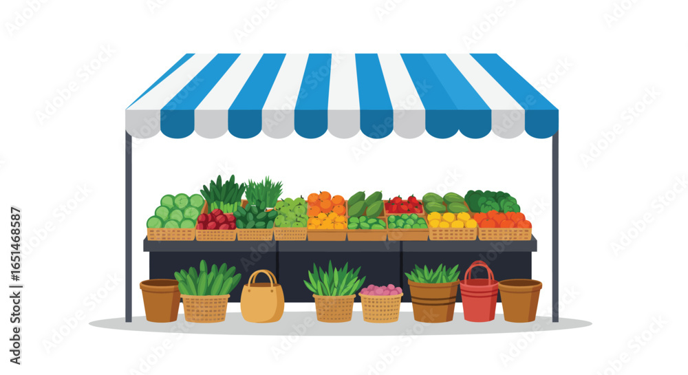 Fototapeta premium Vibrant flat vector illustration of a traditional market stall with canopy