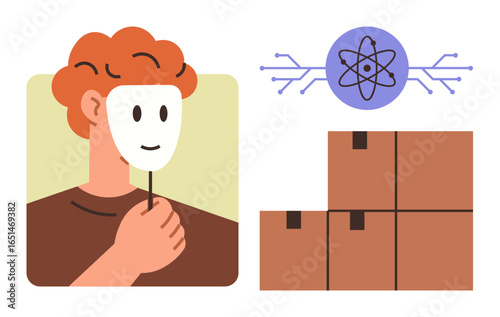 Person lifting a smiling mask, a scientific atom with circuits, and cardboard boxes suggesting transport. Ideal for identity, technology, science, shipping, logistics innovation insight. Simple