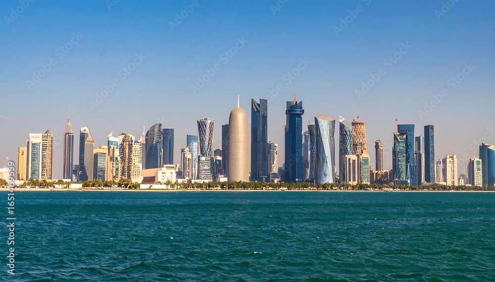 Fototapeta premium City skyline with modern skyscrapers by the water.