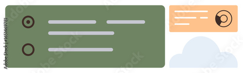 Digital dashboard with green task list, orange card for data, and cloud graphic emphasizing functionality. Ideal for technology, web services, data management, business, productivity, cloud