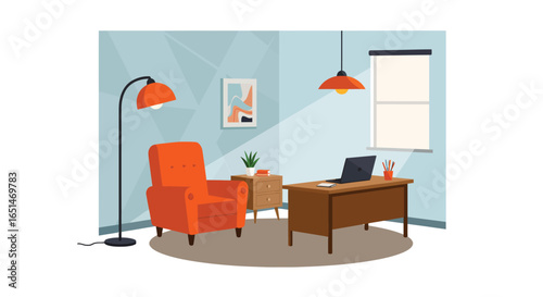 Stylized flat vector illustration of a vibrant therapy consultation room