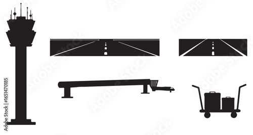 Visual Representation of Airport Operations Including Control Tower Runways Luggage Carts and Ground Support Equipment Illustrating Key Aviation Infrastructure and Ground Handling Processes