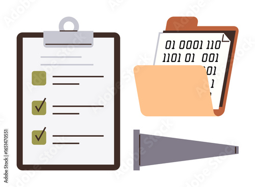 Clipboard with checklist, file folder containing binary code, and megaphone suggesting organization, digital data, communication, project management, teamwork, reminders or planning. Ideal