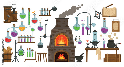 Mystical alchemist's laboratory setup with flasks, tools and furnace illustration