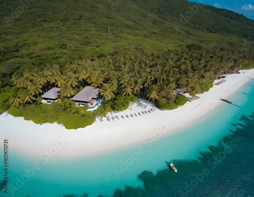 Fototapeta Naklejka Na Ścianę i Meble -  Aerial drone view of tropical island with crystal clear turquoise water, white sand beach, and palm trees, view of the sea from the beach