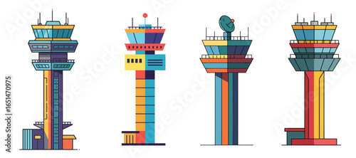 Collection of colorful stylized flat vector illustration of air traffic control towers