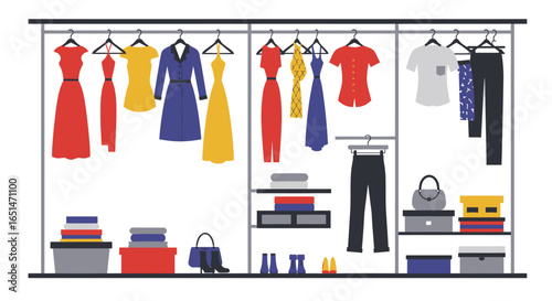 Flat vector illustration depicting a stylish walk-in closet with colorful attire
