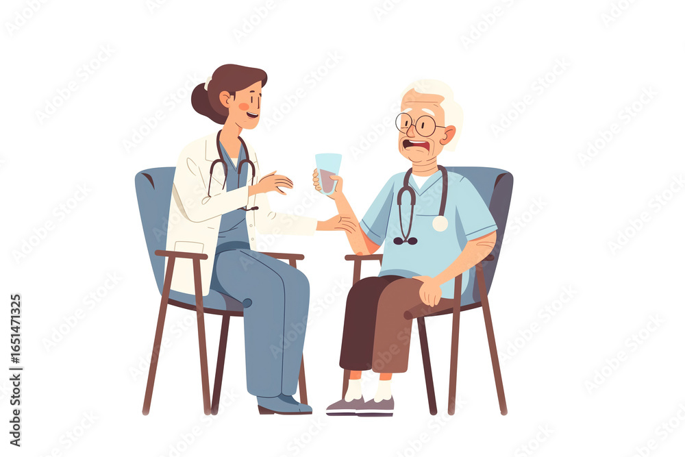 Obraz premium An elderly patient talking with a doctor in a healthcare consultation cartoon illustration