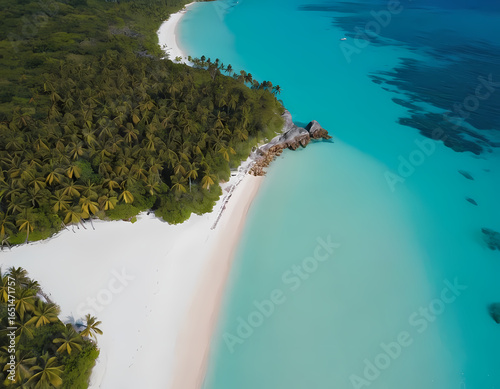 Fototapeta Naklejka Na Ścianę i Meble -  Aerial drone view of tropical island with crystal clear turquoise water, white sand beach, and palm trees, view of the sea from the beach