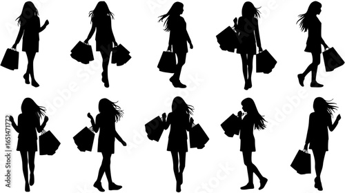 Set of vector silhouettes of shopping women on white background.
