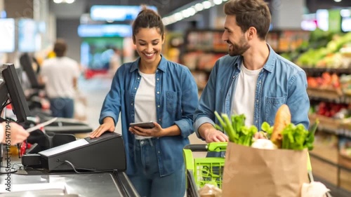 Happy Couple Paying for Groceries at Supermarket Checkout