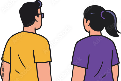 Two people standing back facing away in casual yellow and purple shirts vector illustration 