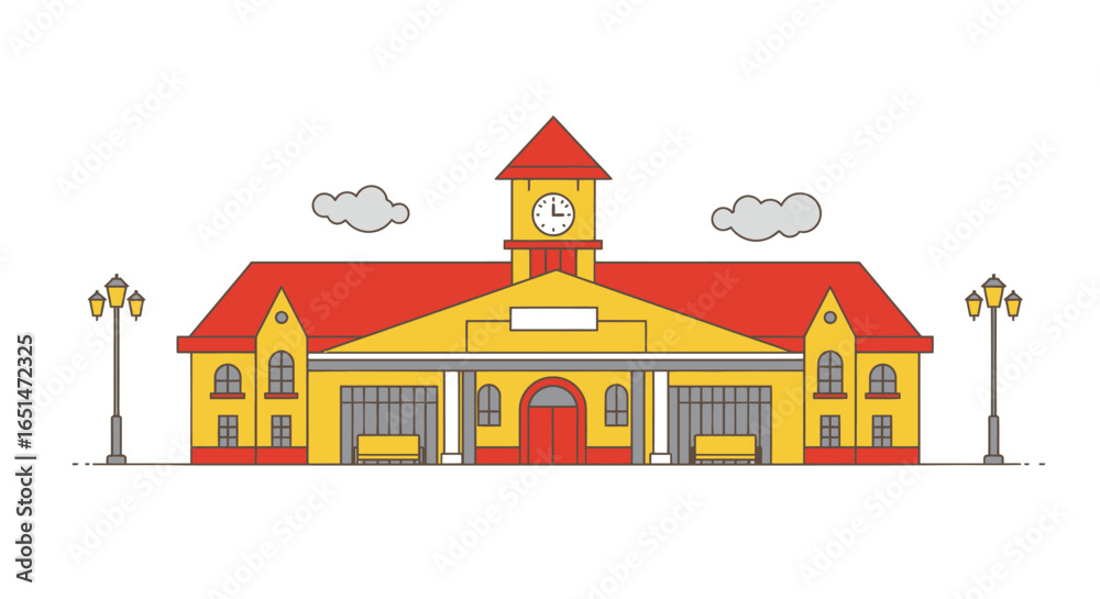 Naklejka premium Stylized flat vector illustration of a vibrant railway station building