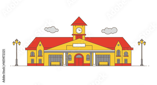 Stylized flat vector illustration of a vibrant railway station building