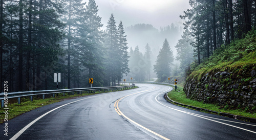 Misty Forest Road After Rain – Serene Curved Highway with Guardrails