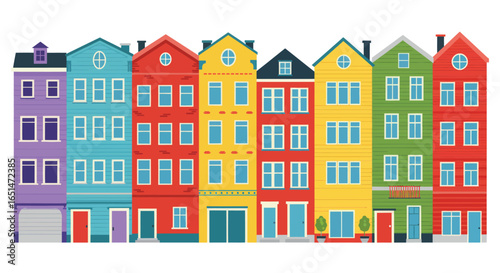 Colorful townhouse row vector illustration displaying vibrant facade designs