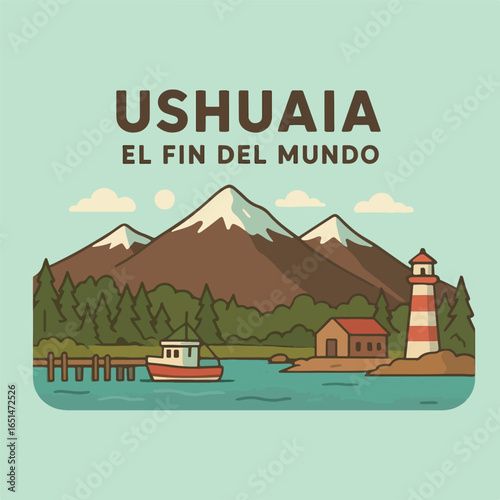 Ushuaia (End of the World, lighthouse, boat, snow-capped mountains)