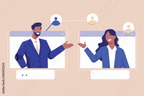 Two individuals connect across screens in a virtual meeting, fostering collaboration and innovation. The illustration features a flat vector design with soft colors.
