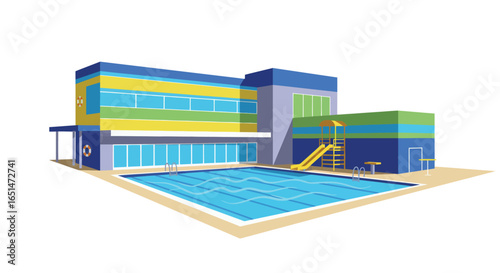 Stylized flat vector illustration of an outdoor swimming pool building