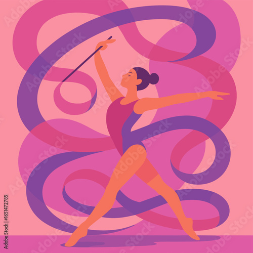 Elegant rhythmic gymnast with ribbon in dynamic abstract design