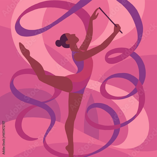 Rhythmic gymnast in elegant pose with ribbon in abstract pink silhouette design