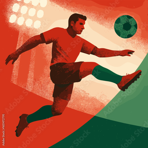 Dynamic soccer player kicking ball on abstract sports background