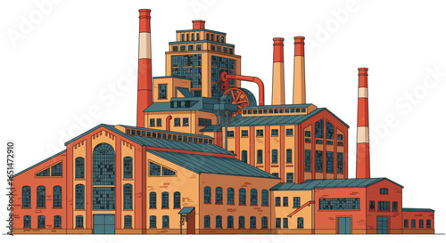Stylized vector illustration of a detailed textile mill building facade