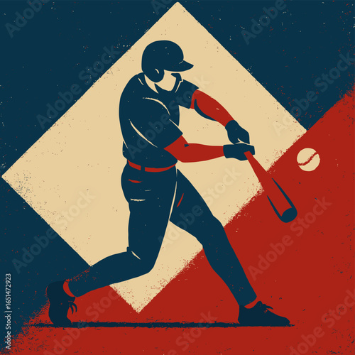 Retro style baseball player hitting a home run with dynamic background design