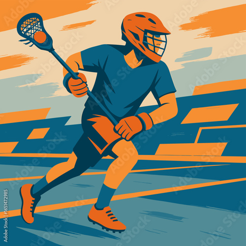 Dynamic lacrosse player in action on field with abstract background in retro style