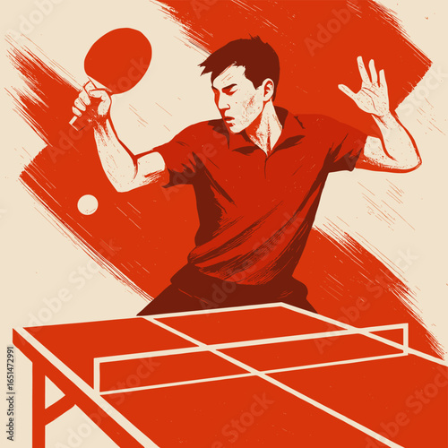 Dynamic print of ping pong player in mid-action with vintage aesthetic