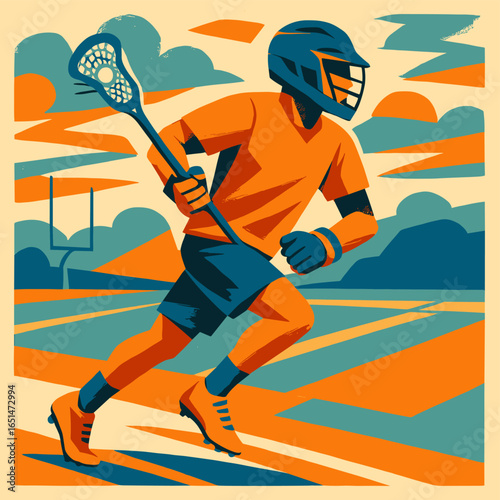 Dynamic lacrosse player in retro style artwork