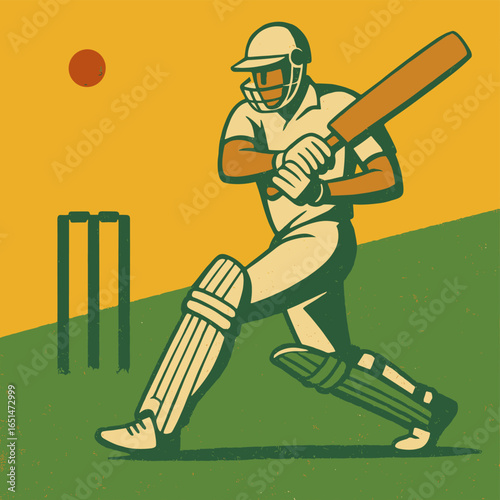 Vintage cricket player in action with bat and wickets on textured background