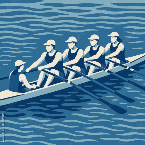 Team rowing in harmony: retro style crew on rippling water