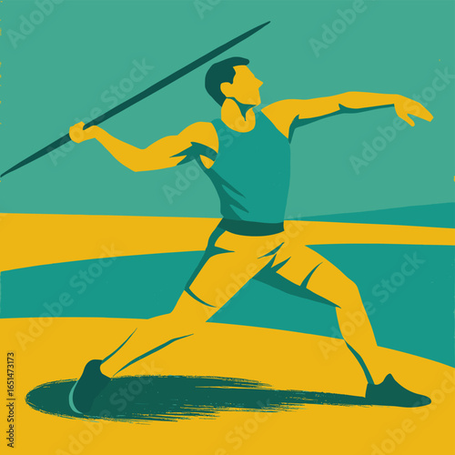 Retro style javelin thrower in action with bold colors and dynamic pose