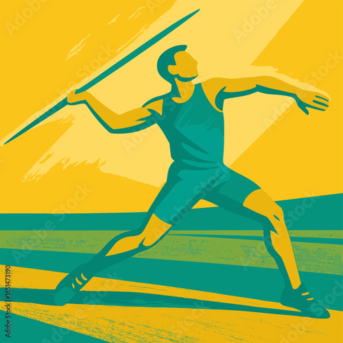 Dynamic athlete javelin thrower in vibrant retro style illustration