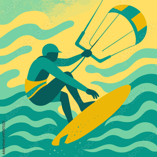 Dynamic surfing action in vibrant colors with bold silhouette style